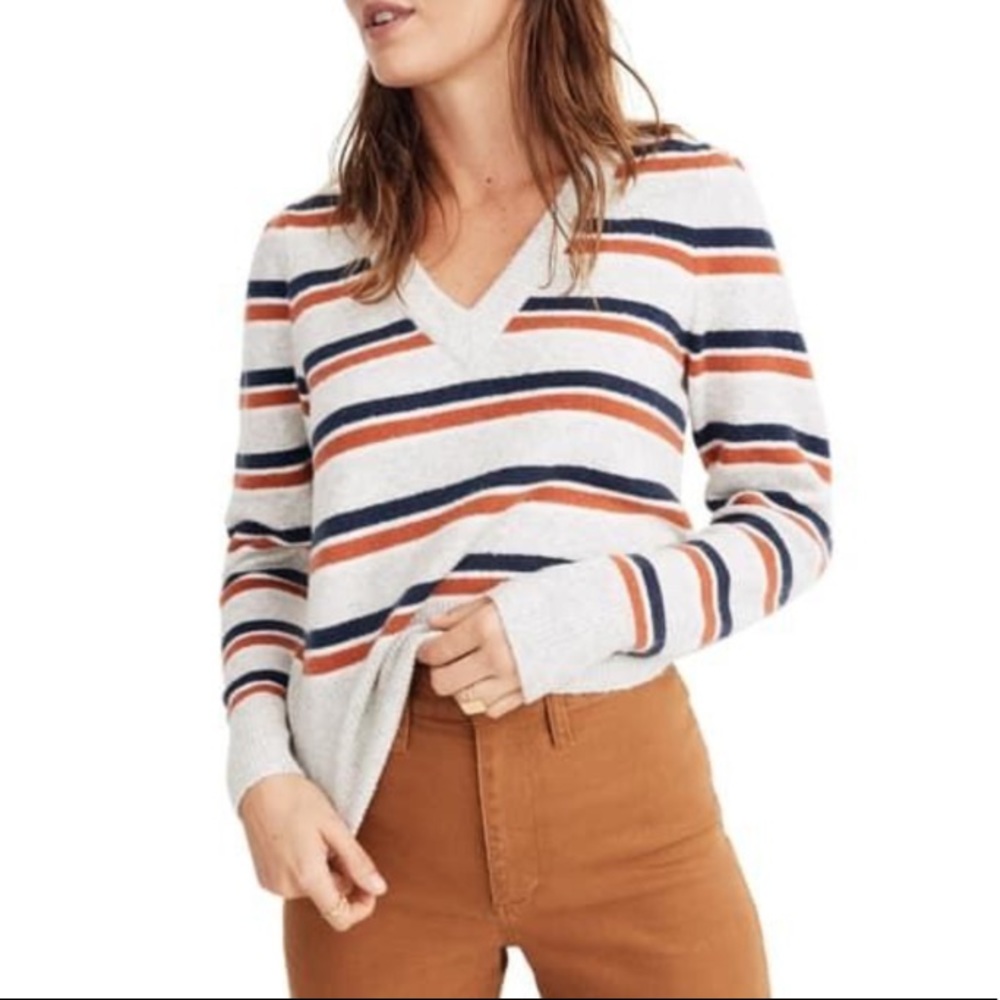 Madewell Margo Stripe Wool Blend V-Neck Sweater - Picture 1 of 8